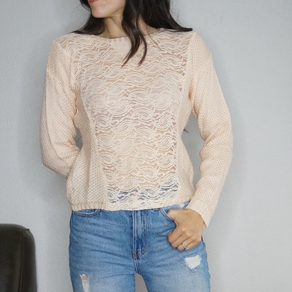 dELiA*s Peach Crew neck Sweater with Lace in Front Lightweight Pullover Size XS